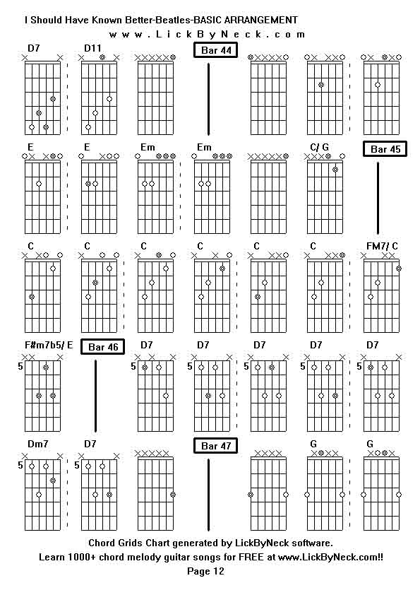 Chord Grids Chart of chord melody fingerstyle guitar song-I Should Have Known Better-Beatles-BASIC ARRANGEMENT,generated by LickByNeck software.